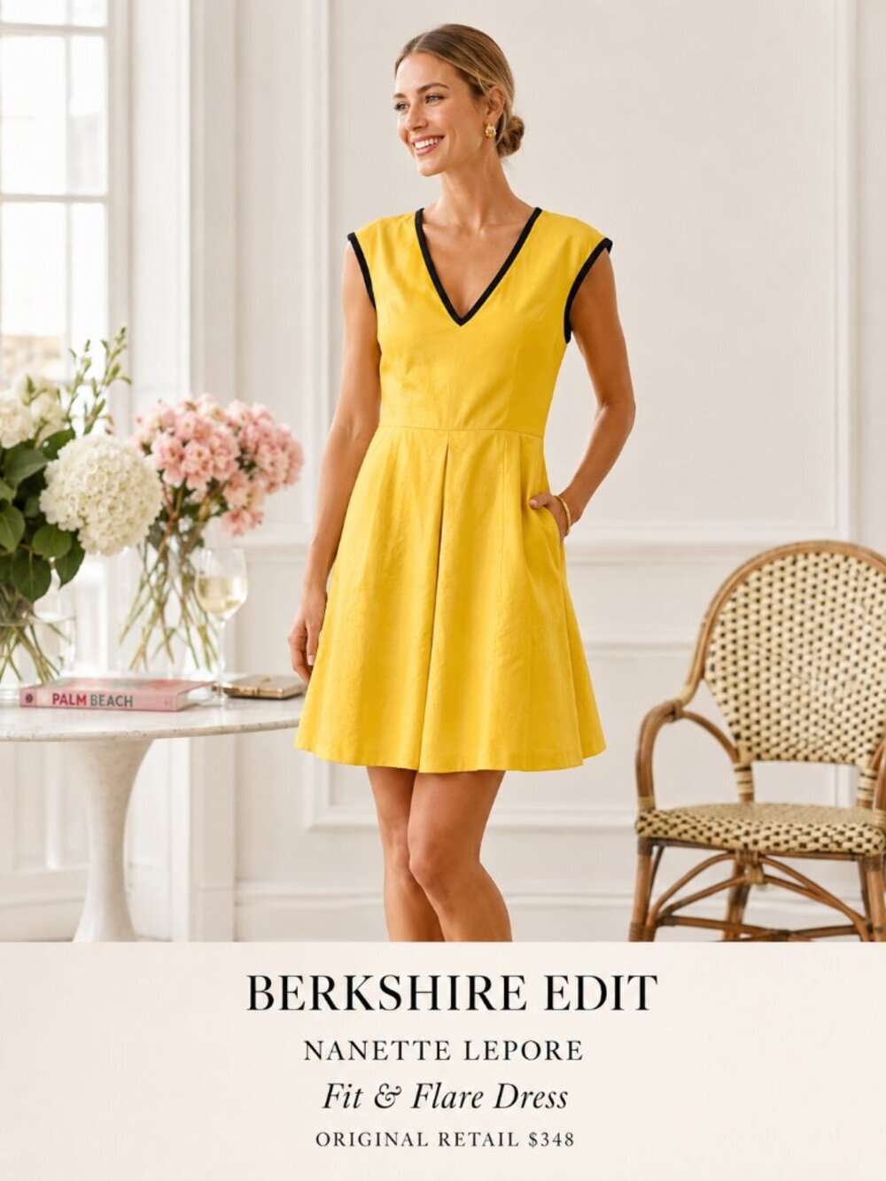 List 6-22 Nanette Lepore Yellow Fit Flare Dress Black Trim Cocktail Dress 8